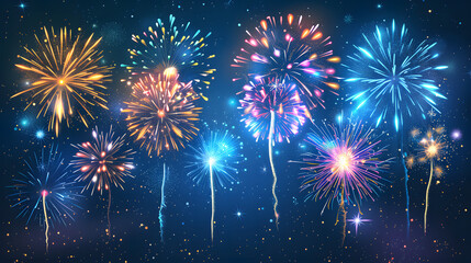 Fireworks light up the sky with red, blue, and gold colors. The background is filled with dark blue...
