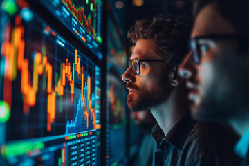 A bearded man, deeply focused, studies stock charts on several monitors. His expression, thoughtful and strategic, mirrors his anticipation as he delves into the financial market's complexities.