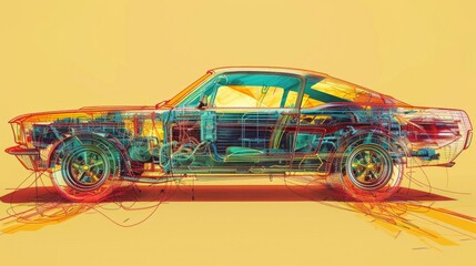 the internal structure of the car. Detailed X-ray visualization of a car showcasing its intricate internal mechanics and design in a 3D illustration.