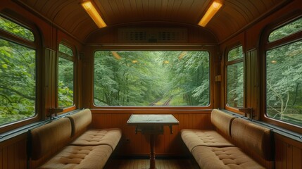 Fototapeta premium a view from inside a train carriage looking out the window. View of nature from the train compartment. looks out the train window