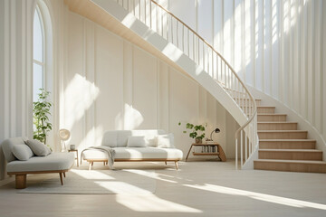 Tranquility reigns supreme in a sunlit corner adorned with a Scandinavian staircase, beckoning with...
