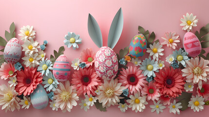 colorful Easter eggs, some with bunny ears, surrounded by a bed of colorful flowers. The background is a pink wall.