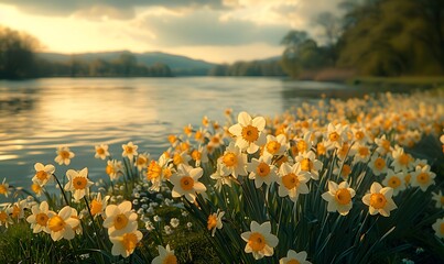 Background illustration about spring. There are flowers in the meadow in the beautiful morning sunlight with a blurred background makes you feel refreshed and want to create new things or start over.