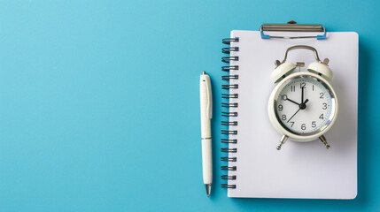 Notebook, alarm clock, pen on blue background.