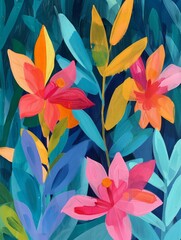 A painting featuring vibrant and colorful flowers set against a deep blue background, creating a striking contrast in the artwork.