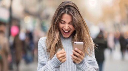 cheerful young woman in an urban setting, deeply engaged with her smartphone, her joyful expression suggesting she has just received some exciting news or message. - obrazy, fototapety, plakaty