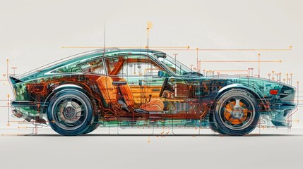 The internal structure of the car. Transparent illustration of a car, revealing the complex internal mechanics and engineering, presented in a 3D render. - obrazy, fototapety, plakaty
