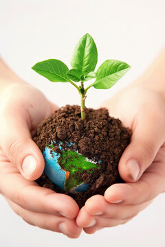 An earth in the hand, a plant growing on it