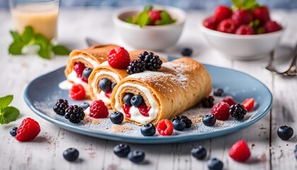 pancake swiss roll with berries and greek yogurt cream
