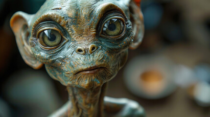 A classic ET grey alien, full body visible, head to toe, lean limbs, very large cranium, grey skin, large eyes.