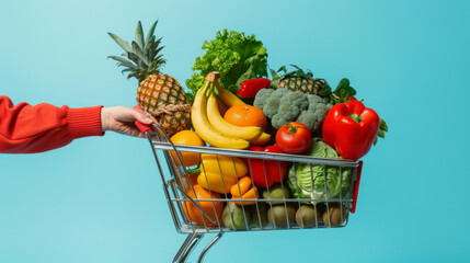 person's arm holding a shopping cart filled with a vibrant selection of fresh fruits and vegetables.