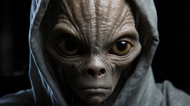 A classic ET grey alien, full body visible, head to toe, lean limbs, very large cranium, grey skin, large eyes.