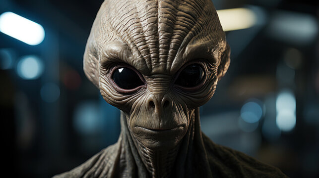 A classic ET grey alien, full body visible, head to toe, lean limbs, very large cranium, grey skin, large eyes.