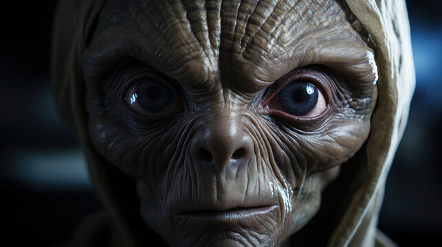 A classic ET grey alien, full body visible, head to toe, lean limbs, very large cranium, grey skin, large eyes.