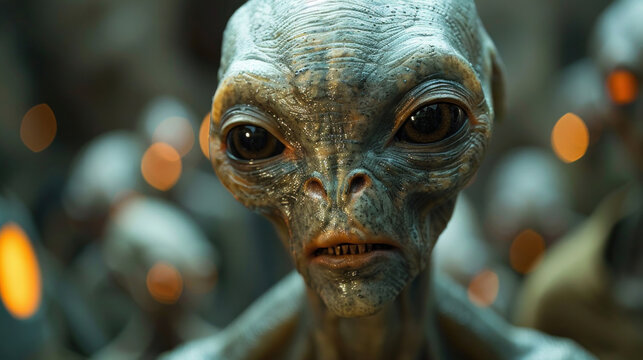 A classic ET grey alien, full body visible, head to toe, lean limbs, very large cranium, grey skin, large eyes.