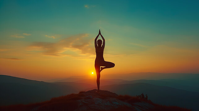 Woman practicing yoga on the top of a mountain. 3d render