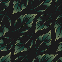 Fototapeta na wymiar Green hand drawn artistic leaves on black background. Floral vector seamless pattern. Best for textile, print, wallpaper, package and your design.