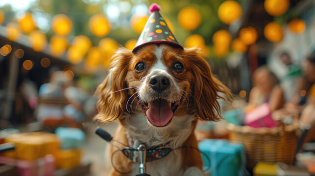 A happy Welsh Springer Spaniel on a unicycle, wearing a party hat, surrounded by colorful birthday presents, set in an outdoor summer birthday party atmosphere.
