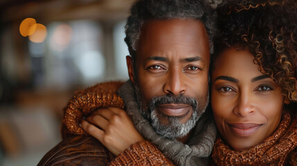 A middle-aged african-american couple hugging, in a living room environment, candid - Powered by Adobe