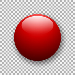 Realistic glossy button. 3d vector glass element of red color on transparent background. Best for mobile apps, UI and web design.