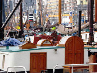 Details of boats in the canal opposite the Maritime museum - Schiedamsedijk - Rotterdam - The...