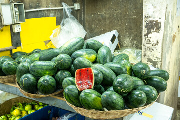 whole and cut watermelon in Siem Reao market