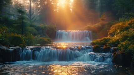 Amazing of spring mountains in europe,a small waterfall,spring,sunrise,fog,blue hour,soft light