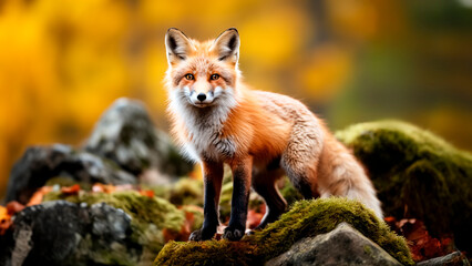 Stunning Red Fox (Vulpes vulpes) Standing on Mossy Stone in Forest. Forest Majesty. A Glimpse into Wildlife.