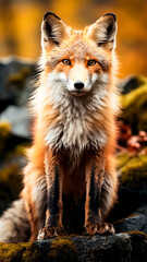Naklejka na ściany i meble Stunning Red Fox (Vulpes vulpes) Sitting on Rock. Forest Majesty. A Glimpse into Wildlife.