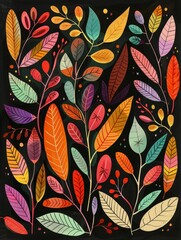 A vibrant and detailed painting featuring various colorful leaves against a stark black background, creating a striking contrast and visual impact.