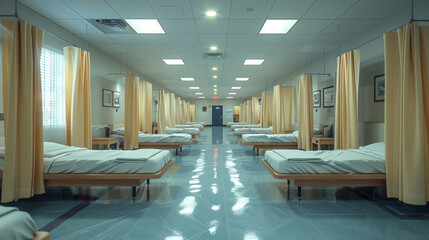 Dimly lit ER exam rooms with beds and curtain partitions