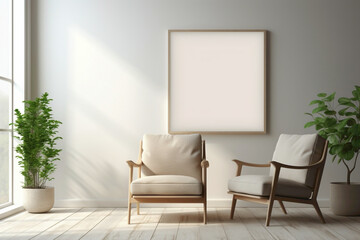 Beige and Scandinavian aesthetics blend seamlessly in a living room, highlighting a chair, plant, and an empty frame for text.