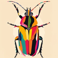 A vibrant beetle with multiple colors is crawling on a plain beige surface. The beetles intricate patterns and bright hues stand out against the neutral background.