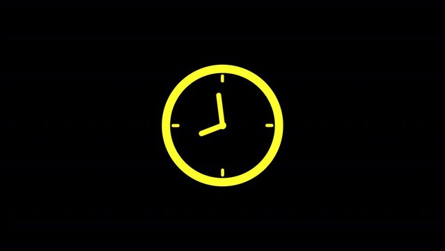 Round wall clock yellow animation. The timer counts down the time. Wall clock time working office hours animated on black background.