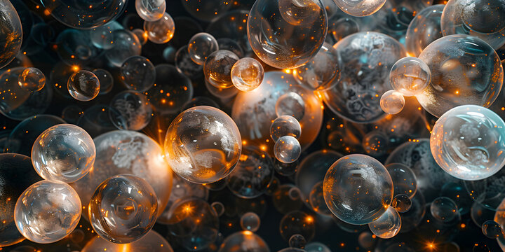 A close up of a bunch of bubbles with a dark background and a bokeh of lights.
