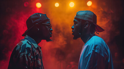 Two rap singers engaged in a battle rap in the middle of the empty stadium stage