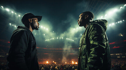 Two rap singers engaged in a battle rap in the middle of the empty stadium stage