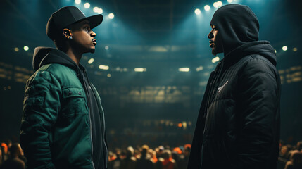 Two rap singers engaged in a battle rap in the middle of the empty stadium stage - obrazy, fototapety, plakaty