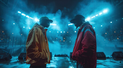 Two rap singers engaged in a battle rap in the middle of the empty stadium stage