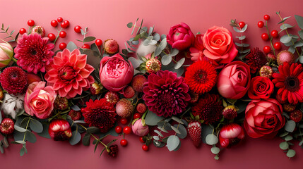 Flowers composition. Eucalyptus, berries, dahlias, rose on pink background. Flat lay, top view, copy space