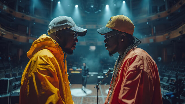 Two rap singers engaged in a battle rap in the middle of the empty stadium stage