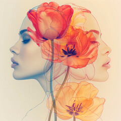 Double exposure portrait of a beautiful woman with tulips in her hair