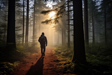 Man walking on forest path in misty morning light. Solitude and nature.