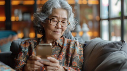 portrait of an elderly woman with glasses, she is sitting in the room on the sofa, she has a smartphone in her hands