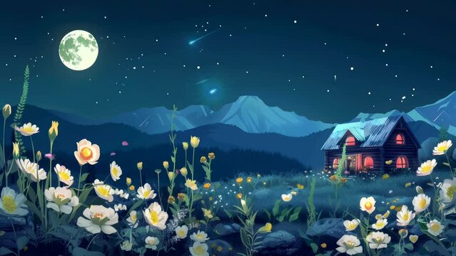 Moonlit Serenity: Beautiful Blossom Flowers Invoking Relaxation and Calmness at Night. Cartoon or Japanese anime painting style, fantasy background illustration, seamless looping