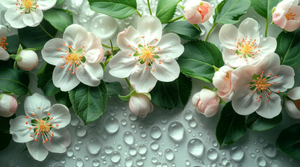 Spring flowers. Apple blossoms on a white background with raindrops.
