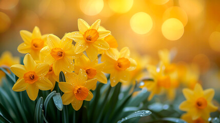 Yellow daffodils in the garden with bokeh background