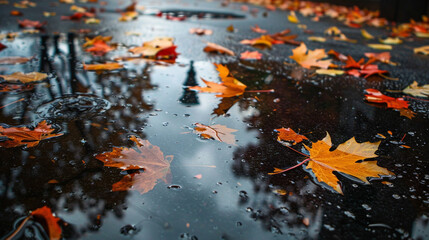 autumn leaves fall on a rainy road