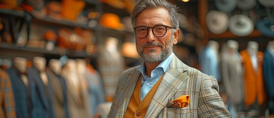 Attractive man wearing spectacles fitting men at ateliers for custom suits