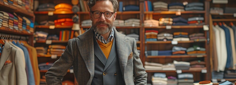 Attractive man wearing spectacles fitting men at ateliers for custom suits - Powered by Adobe